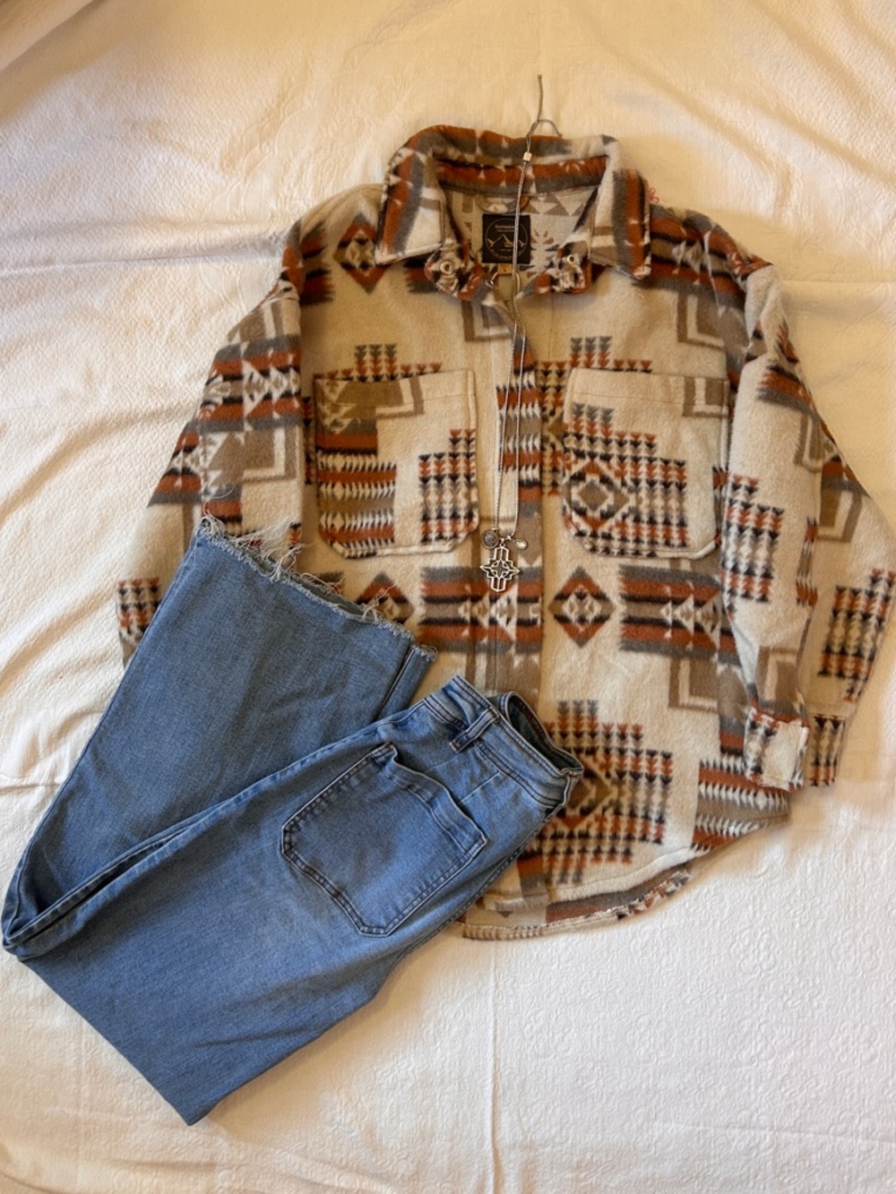 Southwestern Print Button-Up Shacket in Cream & Brown (NWT) - Picture 8 of 9